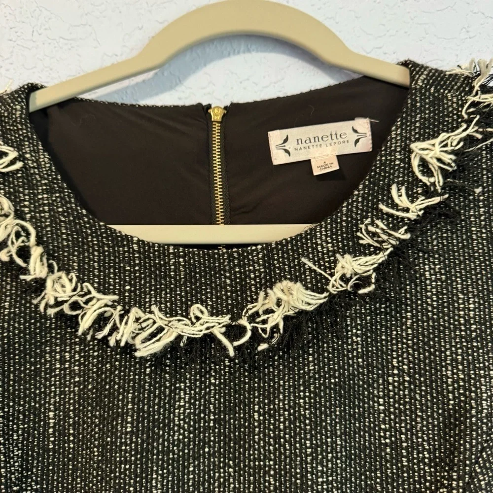 Nanette Lepore Black White Tweed Fringe Pockets Above the Knee Dress